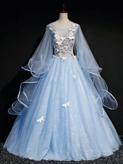 Bridesmaids Dresses Floral, Blue Round Neck Tulle Lace Long Prom Dresses, Blue Sweet 16 Dresses
