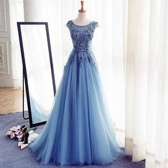 Prom Dress Inspirational, Blue Round Neckline Long Applique Elegant Senior Formal Dress, Long Party Gowns