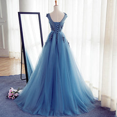 Prom Dresses Pink, Blue Round Neckline Long Applique Elegant Senior Formal Dress, Long Party Gowns