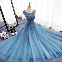 Prom Dress Designer, Blue Round Neckline Long Applique Elegant Senior Formal Dress, Long Party Gowns