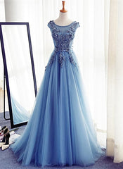 Prom Dresses Inspiration, Blue Round Neckline Long Applique Elegant Senior Formal Dress, Long Party Gowns