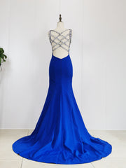 Prom Dress Elegant, Blue Satin Beads Long Mermaid Prom Dress Blue Formal Dress