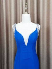 Prom Dresses Elegant, Blue Satin Beads Long Mermaid Prom Dress Blue Formal Dress