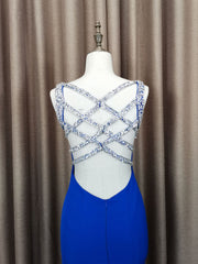 Prom Dresses Styles, Blue Satin Beads Long Mermaid Prom Dress Blue Formal Dress