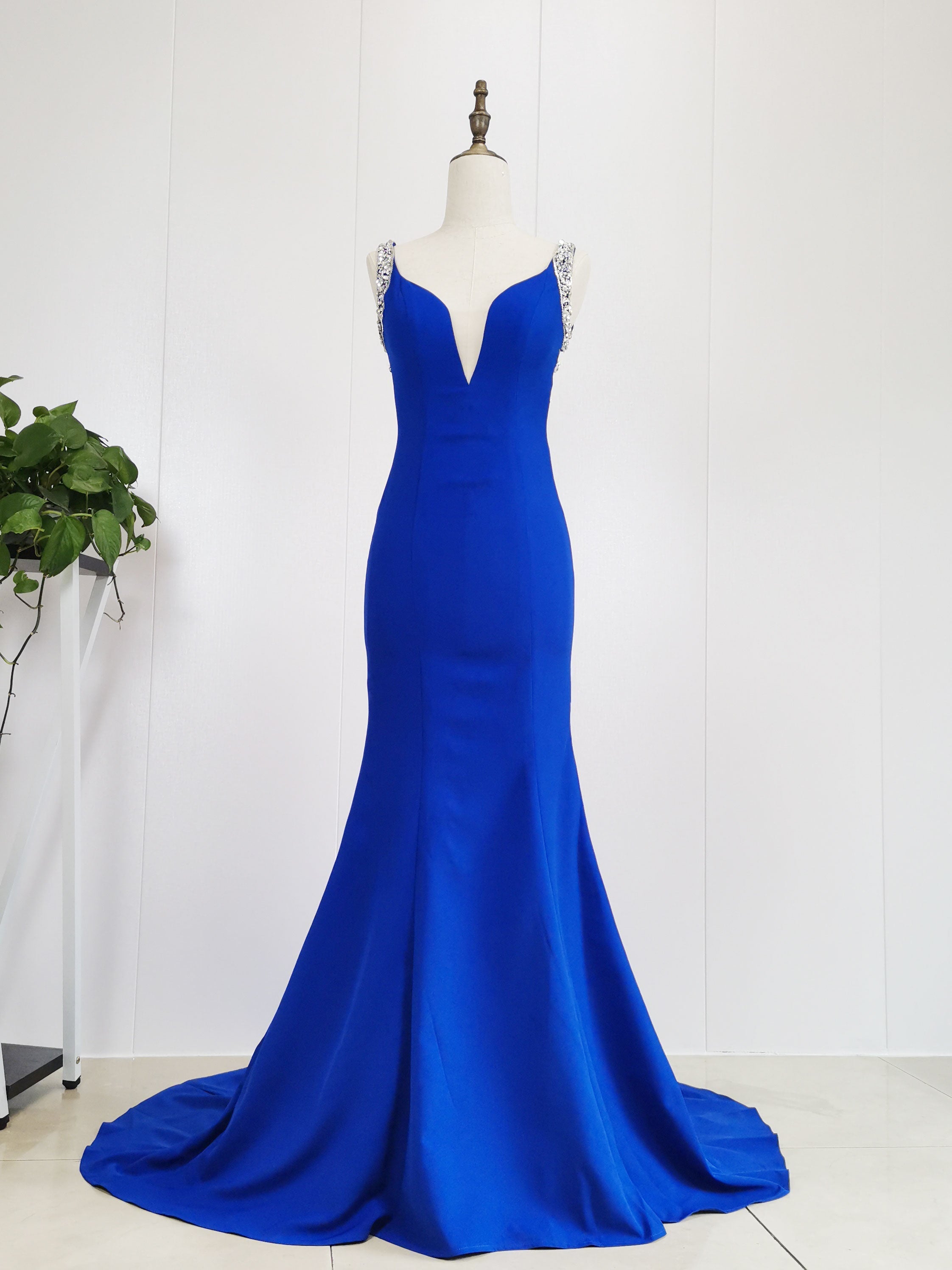 Prom Dresses Casual, Blue Satin Beads Long Mermaid Prom Dress Blue Formal Dress