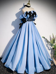 Prom Dresses For Brunettes, Blue satin lace long prom dress blue satin evening dress