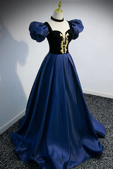 Homecoming Dresses Sweetheart, Blue Satin Lace Long Prom Dress, Blue Short Sleeve Evening Party Dress