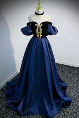 Homecoming Dresses For Middle School, Blue Satin Lace Long Prom Dress, Blue Short Sleeve Evening Party Dress