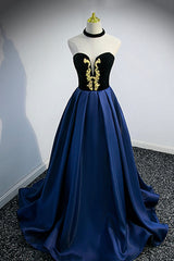 Homecoming Dresses 23 Year Old, Blue Satin Lace Long Prom Dress, Blue Short Sleeve Evening Party Dress