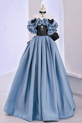 Bridesmaid Dressing Gowns, Blue Satin Lace Long Prom Dress, Off Shoulder Evening Party Dress
