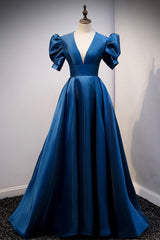 Bridesmaid Dresses Colors, Blue Satin Long A-Line Prom Dress, Elegant Short Sleeve Party Dress