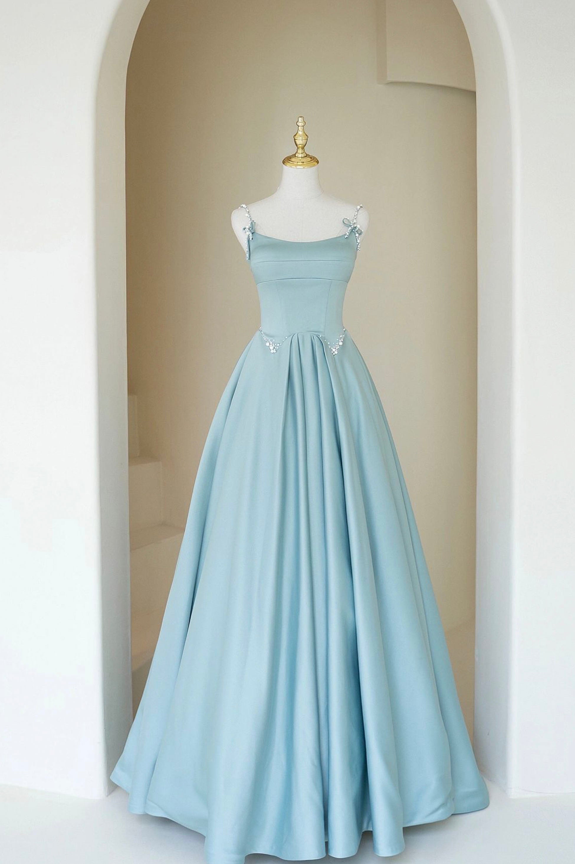 Formal Dresses For Large Ladies, Blue Satin Long A-Line Prom Dress, Spaghetti Straps Evening Dress