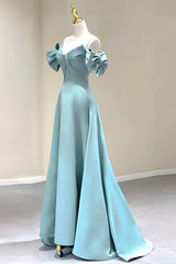 Homecoming Dresses 2025, Blue Satin Long A-Line Prom Dress, Unique Spaghetti Straps Evening Dress