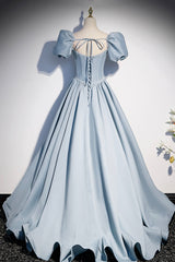 Prom Dress Lace, Blue Satin Long A-Line Prom Dress with Pearls, Cute Short Sleeve Evening Dress