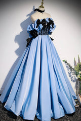 Formal Dresses Homecoming, Blue Satin Long Prom Dress, Off the Shoulder Formal Evening Dress