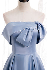 Wedding Photo Ideas, Blue Satin Long Prom Dress with Pearls, Blue A-Line Strapless Party Dress