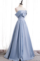 Wedding Inspo, Blue Satin Long Prom Dress with Pearls, Blue A-Line Strapless Party Dress