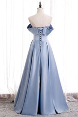 Spring Wedding, Blue Satin Long Prom Dress with Pearls, Blue A-Line Strapless Party Dress