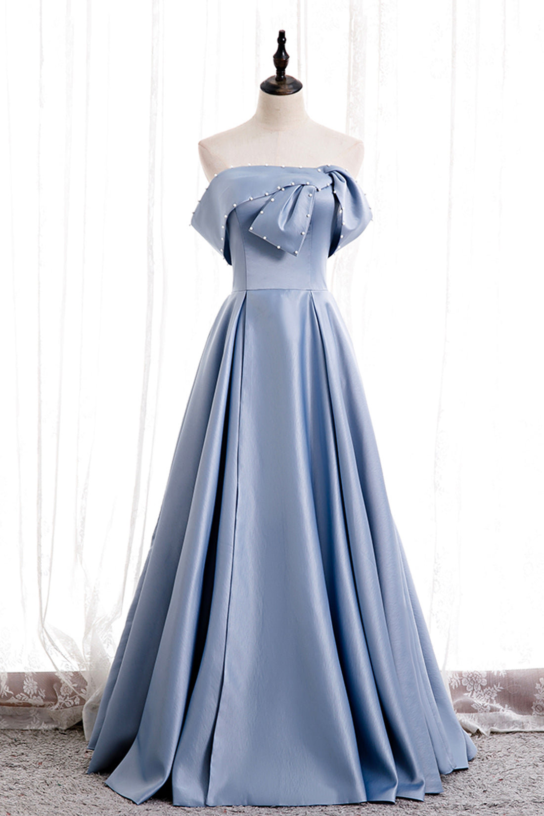 Mermaid Wedding Dress, Blue Satin Long Prom Dress with Pearls, Blue A-Line Strapless Party Dress