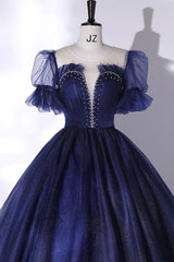 Festival Outfit, Blue Scoop Neckline Tulle Long Prom Dress, A-Line Short Sleeve Evening Gown