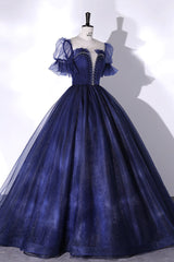 Homecoming Dresses For Kids, Blue Scoop Neckline Tulle Long Prom Dress, A-Line Short Sleeve Evening Gown