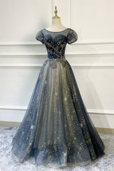 Prom Dresses Elegant, Blue Scoop Neckline Tulle Long Prom Dress with Beaded, A-Line Evening Party Dress