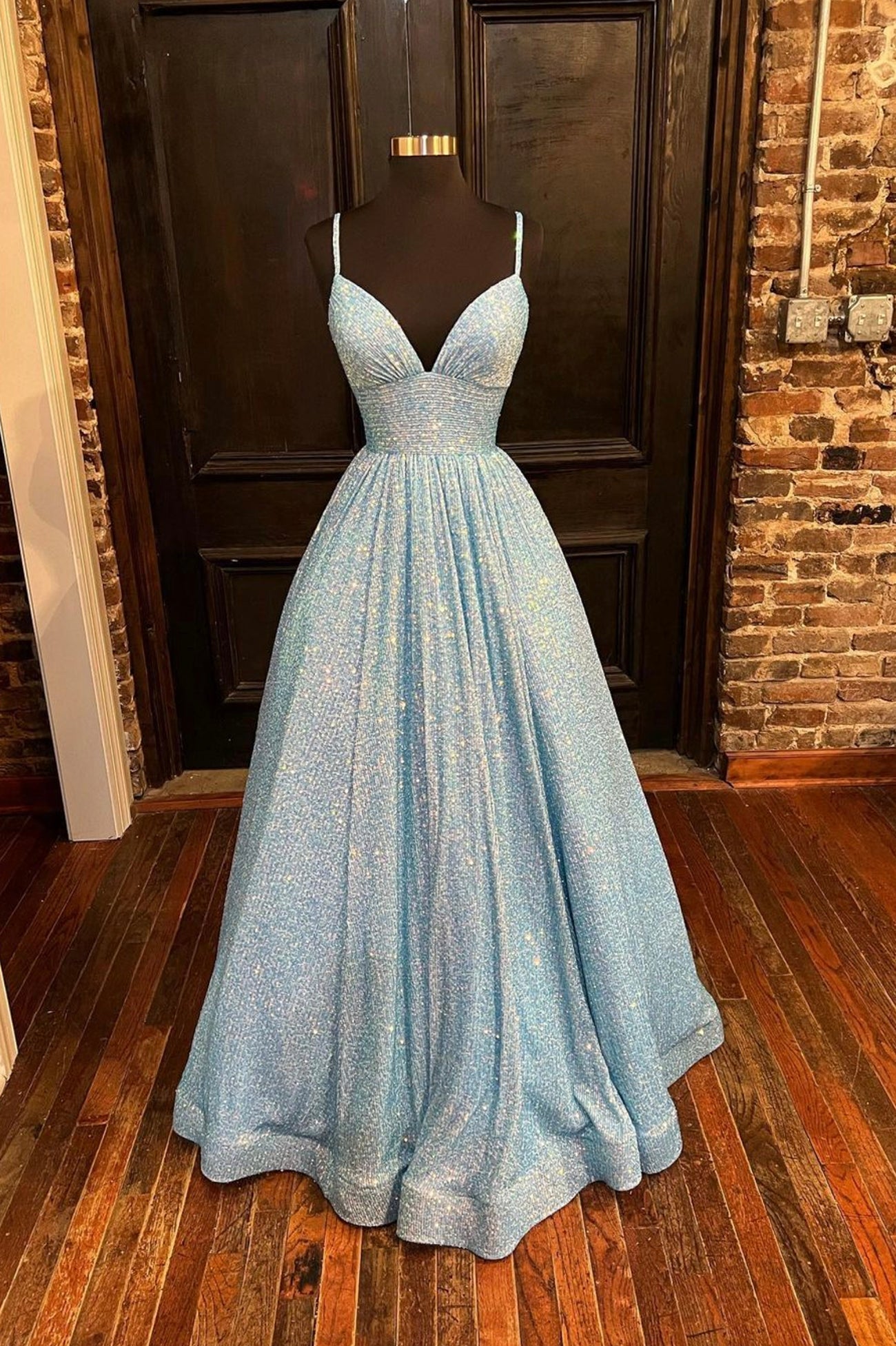 Bridesmaids Dress Trends, Blue Sequins Long A-Line Prom Dress, V-Neck Shiny Evening Party Dress