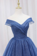 Prom Dresses For 031, Blue Shiny Tulle Off the Shoulder Prom Dress, Blue V-Neck Evening Dress