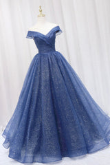 Prom Dress Styles, Blue Shiny Tulle Off the Shoulder Prom Dress, Blue V-Neck Evening Dress