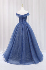 Prom Dresses Style, Blue Shiny Tulle Off the Shoulder Prom Dress, Blue V-Neck Evening Dress