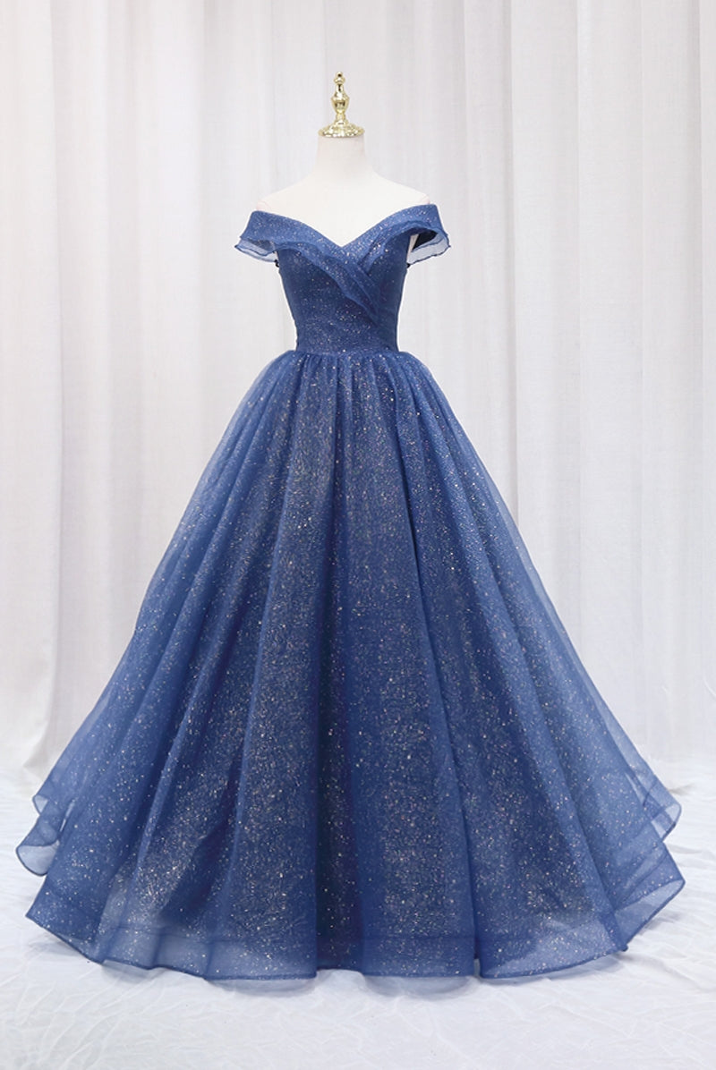 Prom Dress Brands, Blue Shiny Tulle Off the Shoulder Prom Dress, Blue V-Neck Evening Dress