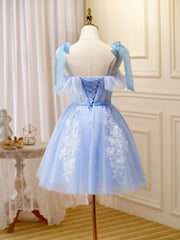 Bridesmaid Dresses Spring, Blue Short Prom Dress, Puffy Cute Blue Homecoming Dress with Lace