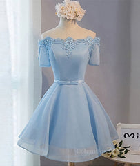 Classy Dress, Blue Short Sleeves Lace-up Organza Bow Prom Dresses, Homecoming Dresses