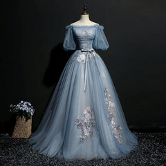 Party Dress Store, Blue Short Sleeves Long Tulle with Flower Applique Party Dress, Blue Sweet 16 Dress