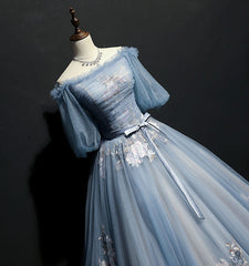 Party Dresses On Sale, Blue Short Sleeves Long Tulle with Flower Applique Party Dress, Blue Sweet 16 Dress