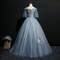 Party Dress On Sale, Blue Short Sleeves Long Tulle with Flower Applique Party Dress, Blue Sweet 16 Dress