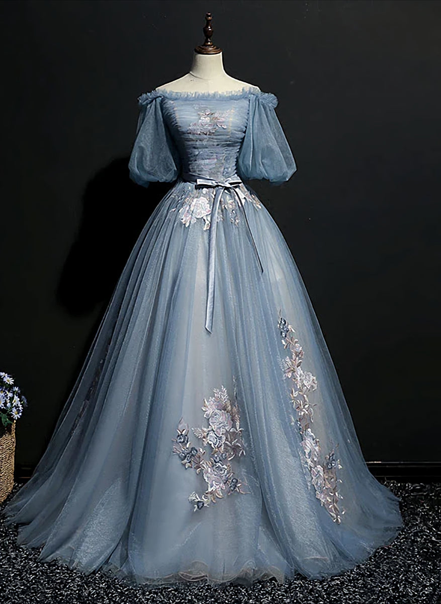 Party Dress Stores, Blue Short Sleeves Long Tulle with Flower Applique Party Dress, Blue Sweet 16 Dress