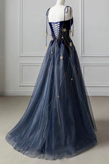 Long Black Dress, Blue Spaghetti Strap Long Prom Dress with Star, Blue Evening Party Dress