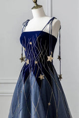 Party Fitness, Blue Spaghetti Strap Long Prom Dress with Star, Blue Evening Party Dress