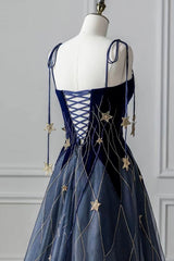 Cute Dress Outfit, Blue Spaghetti Strap Long Prom Dress with Star, Blue Evening Party Dress