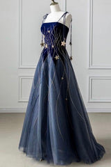Semi Formal, Blue Spaghetti Strap Long Prom Dress with Star, Blue Evening Party Dress