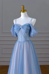 Party Dresses Classy, Blue Spaghetti Strap Tulle Long Prom Dress, A-Line Evening Dress