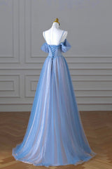 Party Dresses For 27 Year Olds, Blue Spaghetti Strap Tulle Long Prom Dress, A-Line Evening Dress