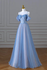 Party Dressed Short, Blue Spaghetti Strap Tulle Long Prom Dress, A-Line Evening Dress