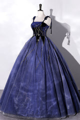 Elegant Wedding Dress, Blue Spaghetti Strap Tulle Long Prom Dress with Star, Blue Evening Party Dress