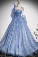 Bridesmaids Dresses Winter Wedding, Blue Spaghetti Strap Tulle with Flowers Long Formal Dress, Blue Party Dress with Bow