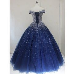 Prom Dresses Under 59, Blue Sparkle Off Shoulder Ball Party Dress , Handmade Beaded Party Dress