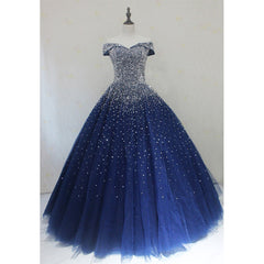 Prom Dress 2032, Blue Sparkle Off Shoulder Ball Party Dress , Handmade Beaded Party Dress