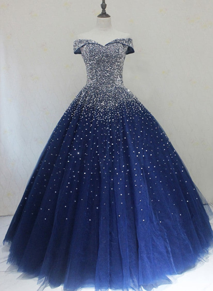 Prom Dresses Classy, Blue Sparkle Off Shoulder Ball Party Dress , Handmade Beaded Party Dress