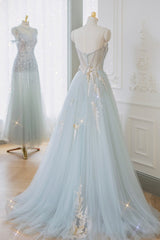 Party Dresses Website, Blue Strapless Lace Formal Prom Dress, A-Line Tulle Evening Party Dress